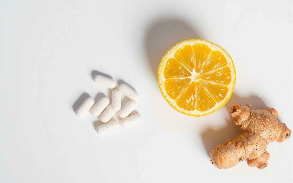 Tablete de zinc cu o lămâie tăiată și o bucată de ghimbir, simbolizând suportul imunitar.