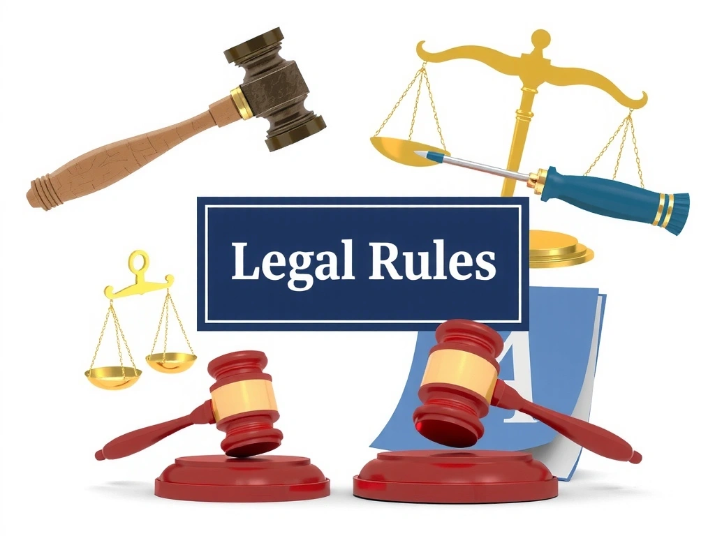 Imagine abstractă reprezentând reguli și acorduri legale, cu simboluri de justiție și documente