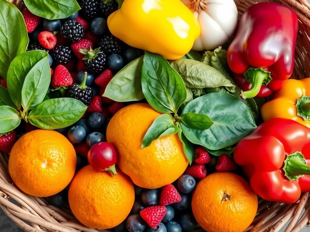 Coș cu fructe și legume proaspete, simbolizând vitamine naturale