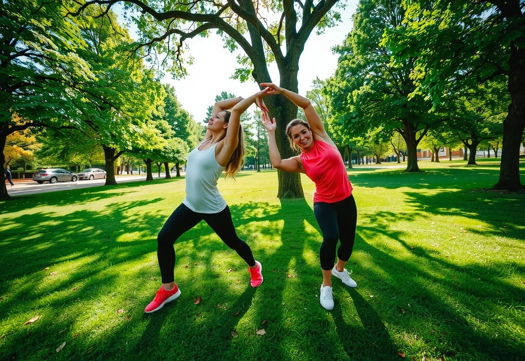Oameni făcând exerciții fizice în natură